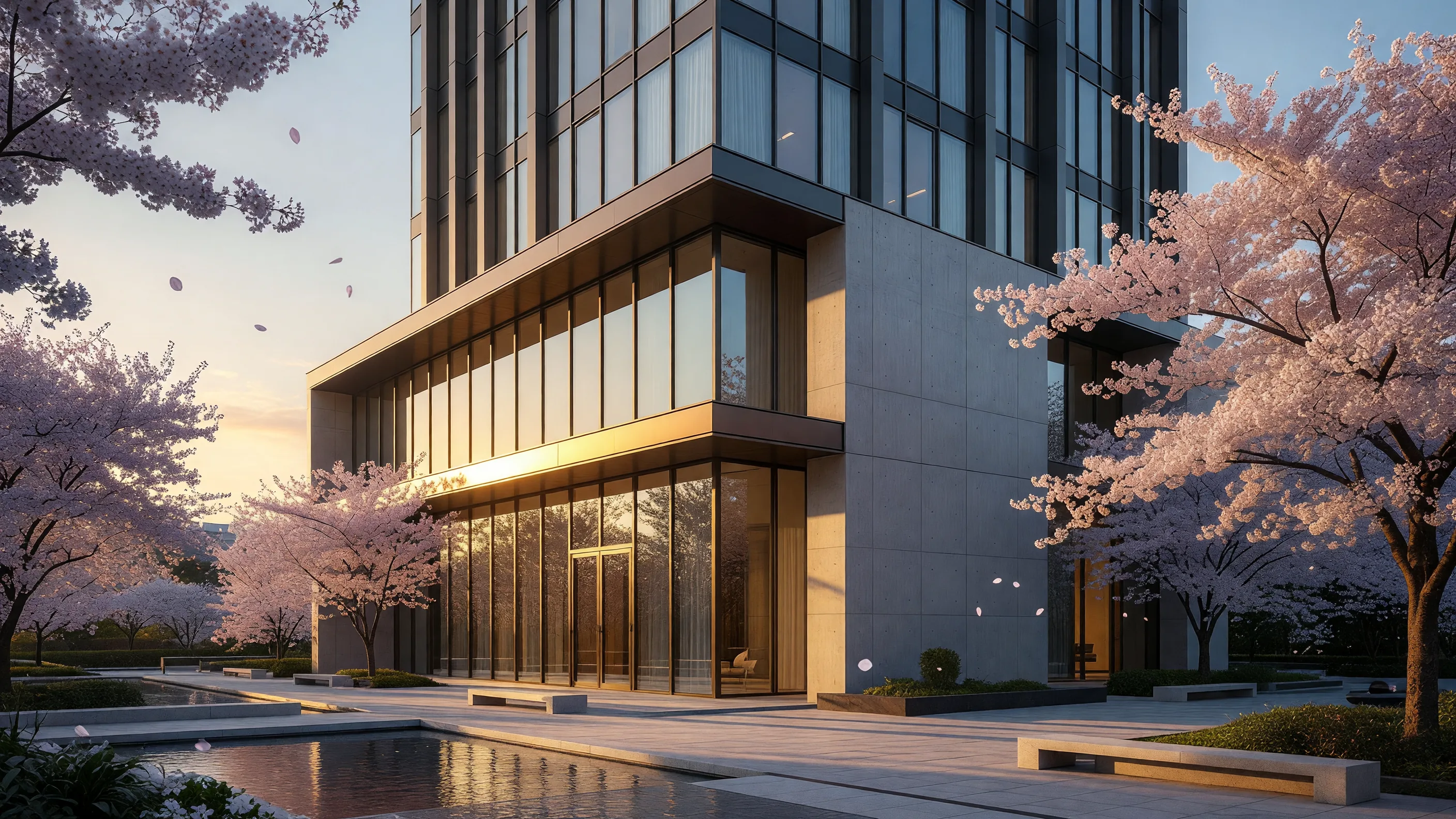 Evening view of premium residential tower in central Tokyo with layered skyline and warm light