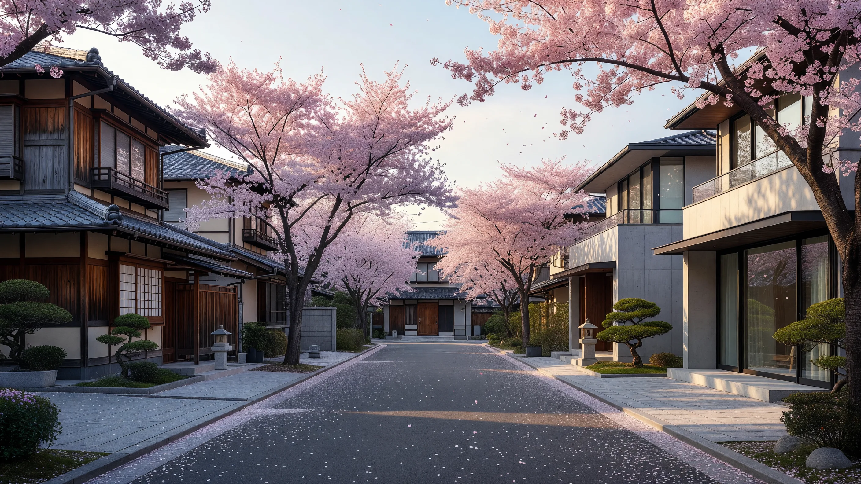 Quiet residential street in a premium Tokyo ward with traditional and modern homes